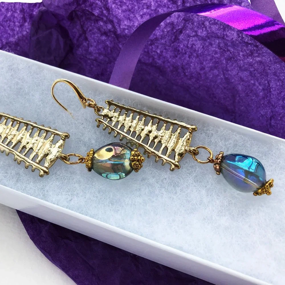 Long party earrings for women, glass bead drop dangle earrings gold handmade